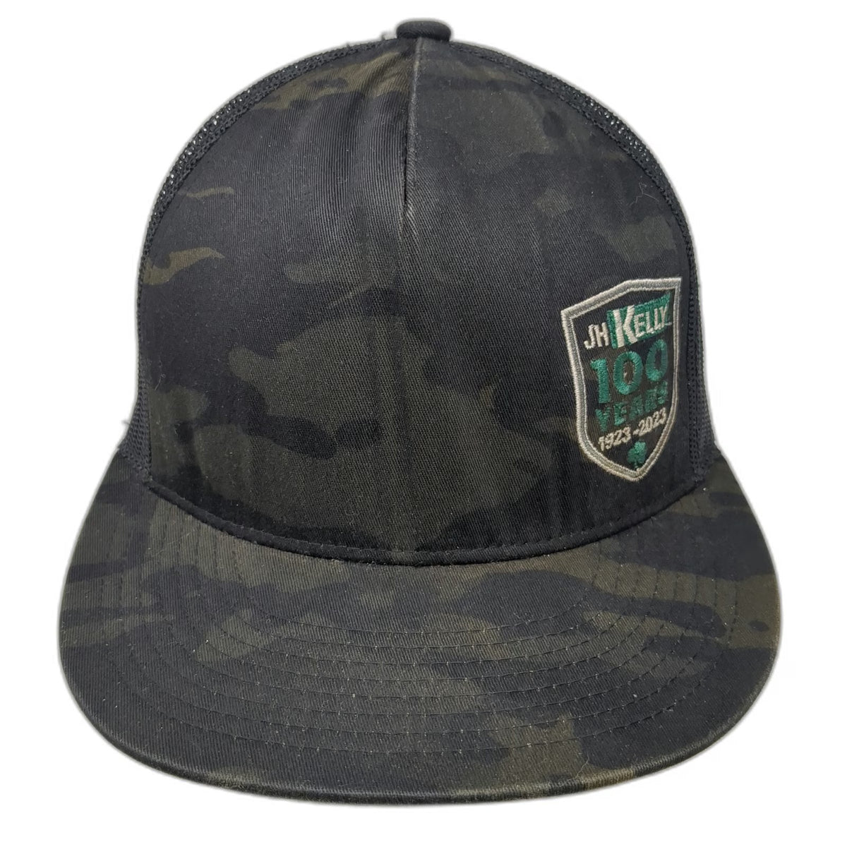 Yupoong Trucker Hat Black Camo One Size JH Kelly 100 Years 1923-2023 Mesh