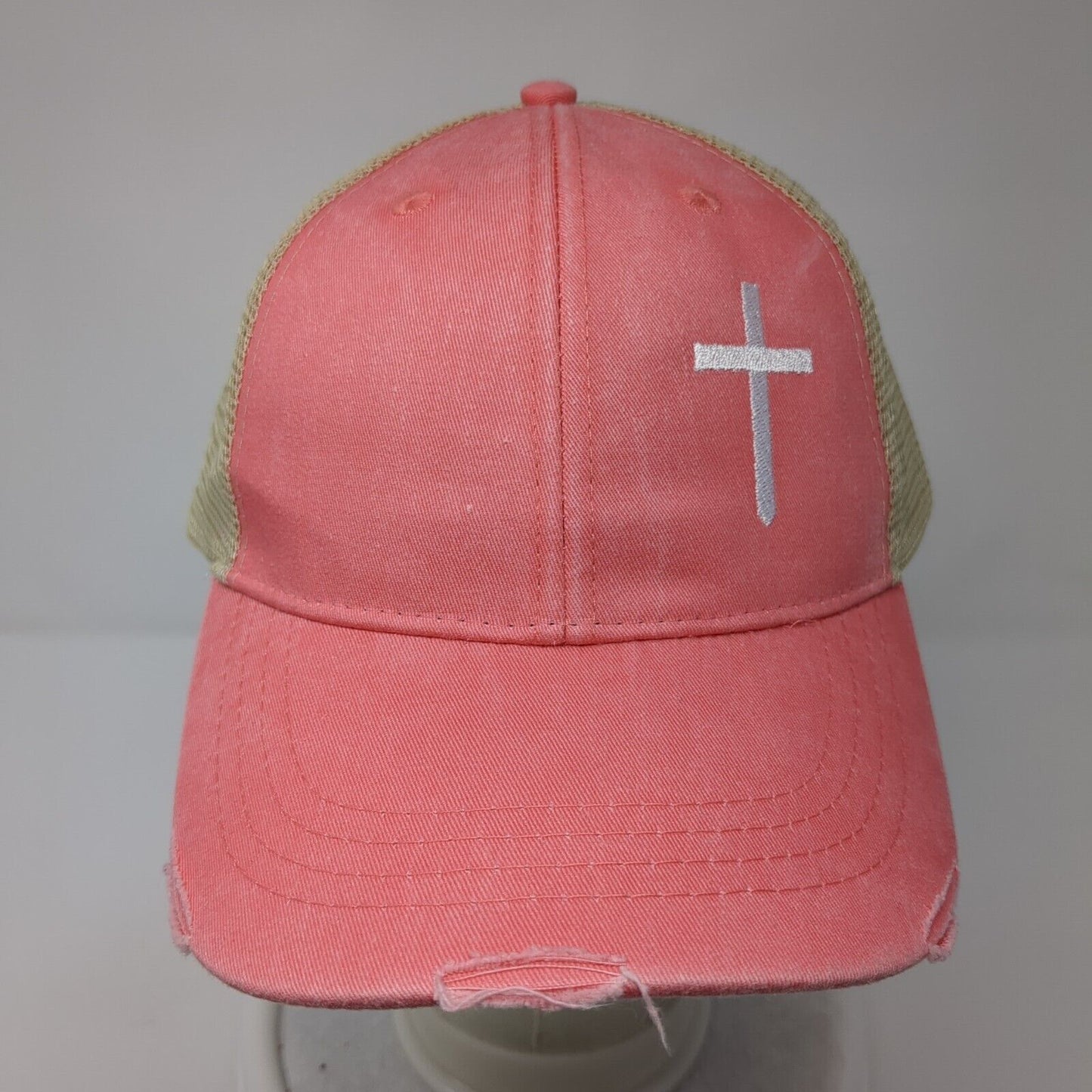 Crucifix Snapback Trucker Hat Pink OS Adjustable Mesh Back Distressed W/Tags