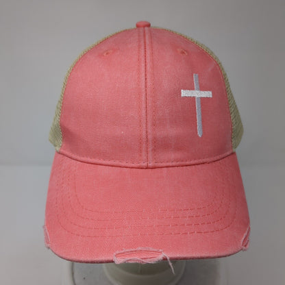 Crucifix Snapback Trucker Hat Pink OS Adjustable Mesh Back Distressed W/Tags