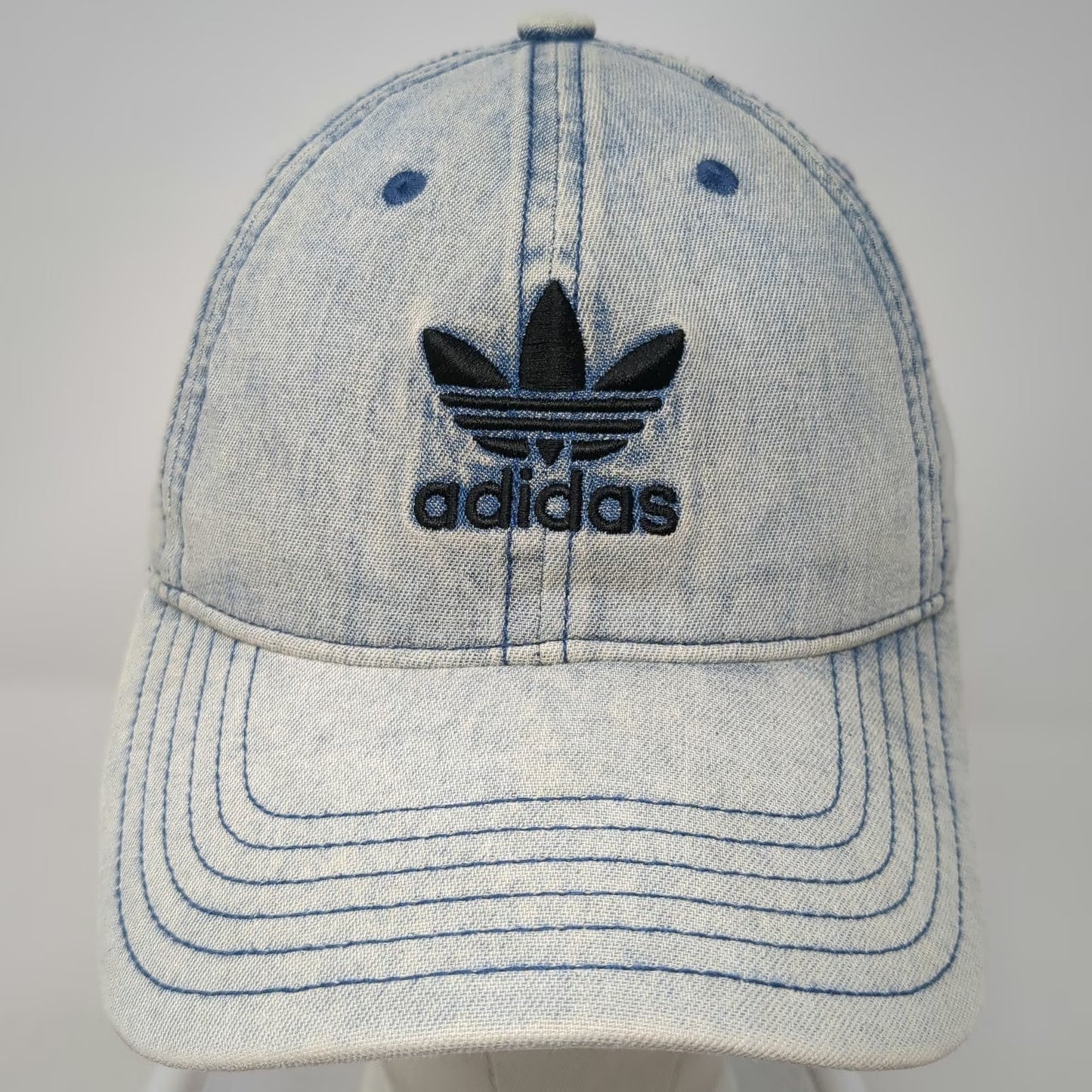 Adidas Baseball Cap Blue One Size Denim Trefoil Logo Slideback Acid Wash Hat