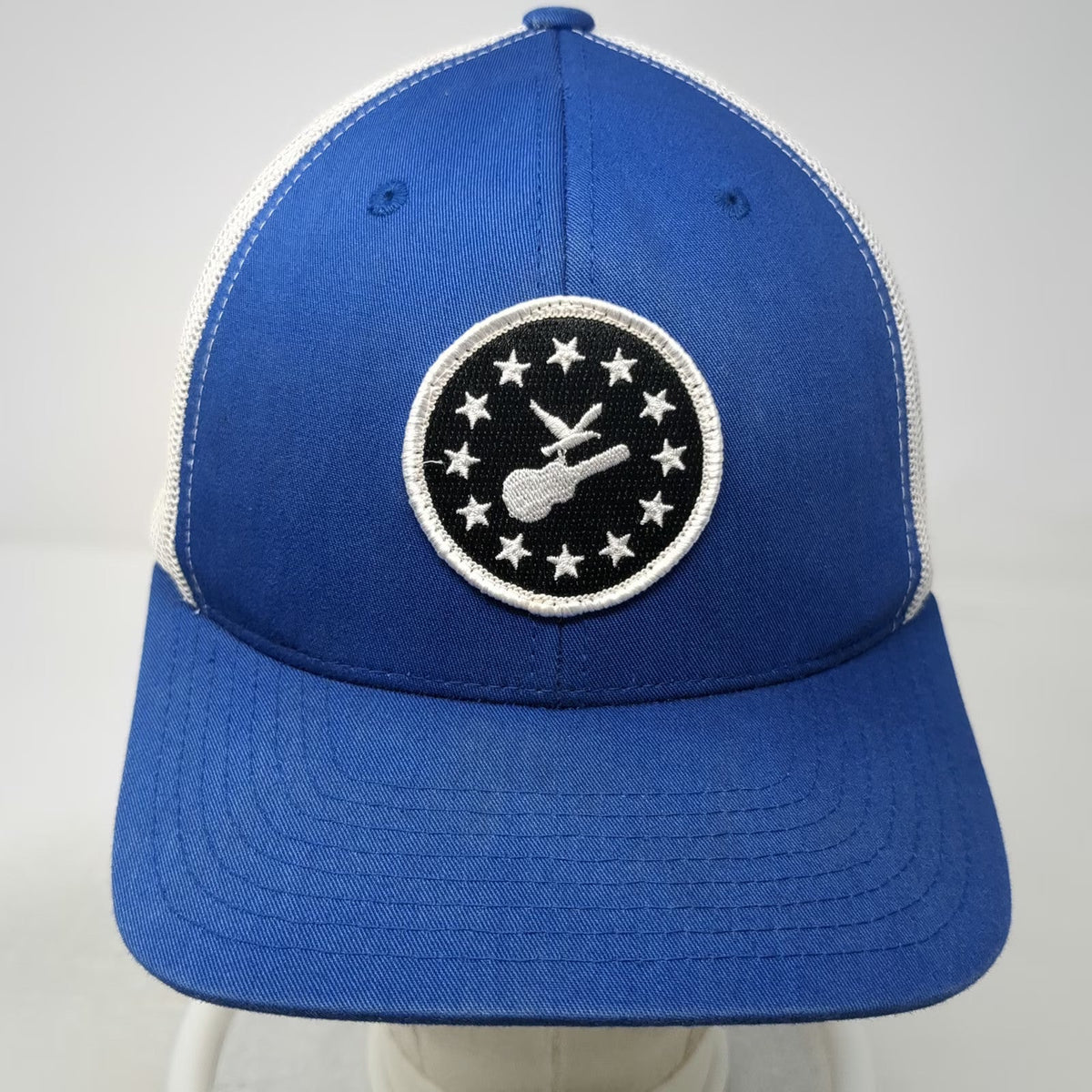 Yupoong Trucker Hat Blue One Size Woodstock Guitar Bird Patch Mesh Snapback