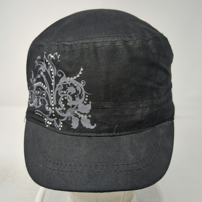 ABG Accessories Army Cap Black One Size Rhinestone Floral Elastic Back Bling Hat