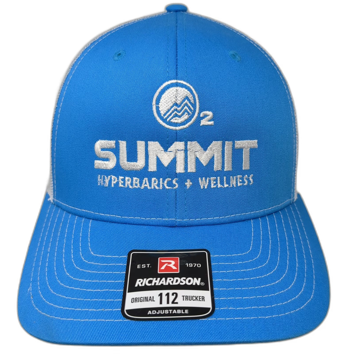 Richardson Trucker Hat Blue White One Size Summit Hyperbarics Wellness O2 Logo