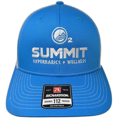 Richardson Trucker Hat Blue White One Size Summit Hyperbarics Wellness O2 Logo