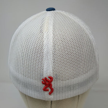 Browning Baseball Cap Blue Red White M Mesh Buckmark Flexfit 3D Embroidery Hat