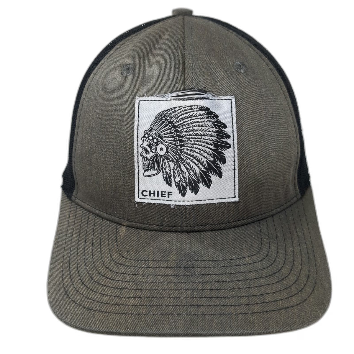 Fierce Headwear Trucker Hat Gray Black One Size Chief Skull War Bonnet Patch