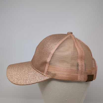 C.C Exclusives Ponytail Trucker Hat Pink One Size Adjustable Mesh Back Glitter