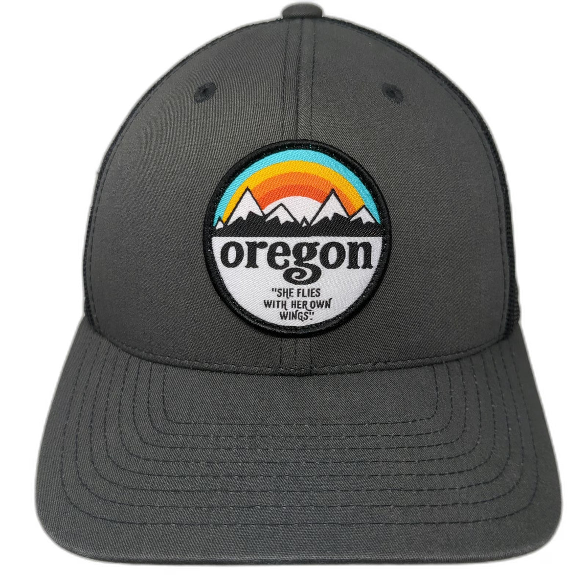 Yupoong Trucker Hat Gray One Size Oregon Mountains State Motto Mesh Snapback