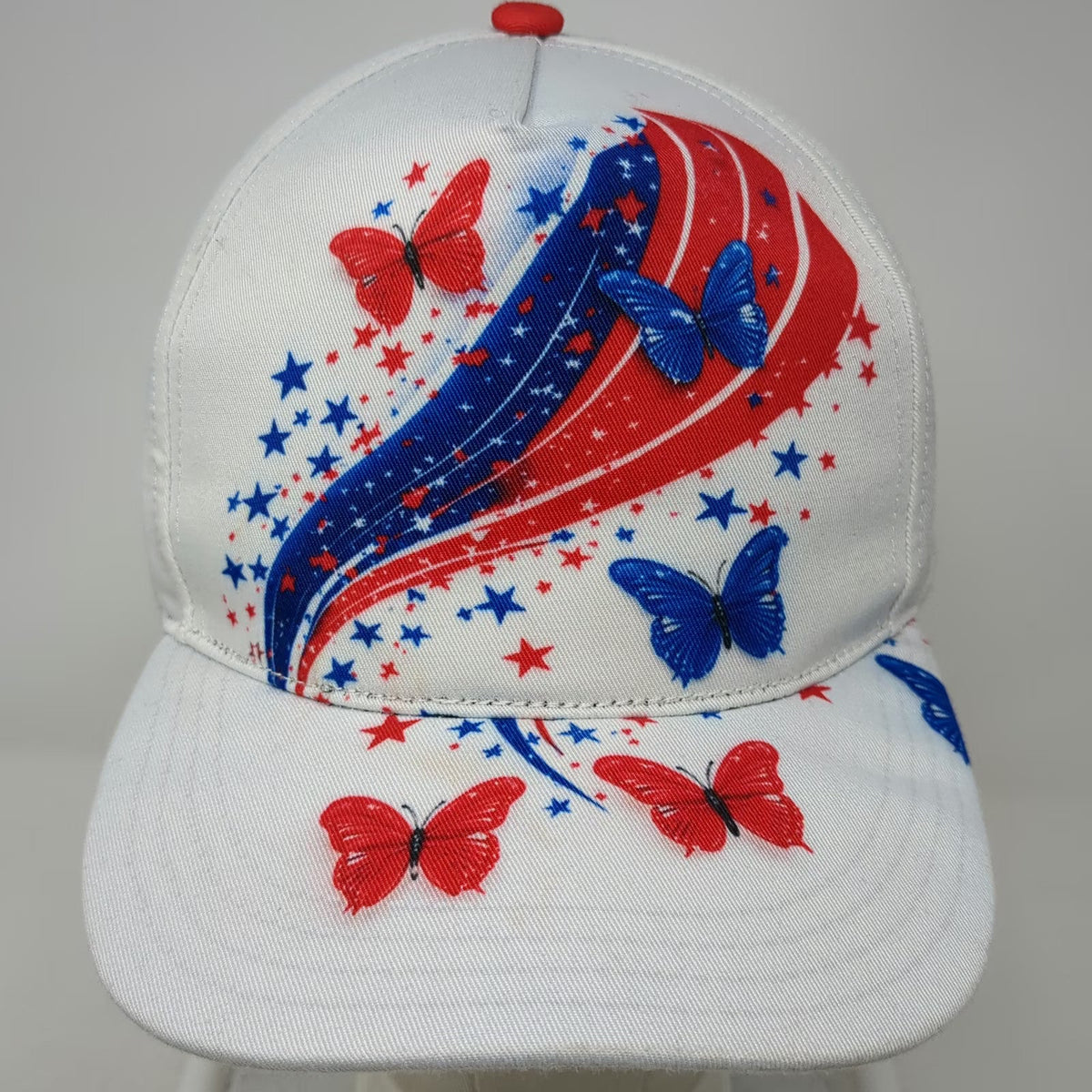 5 Panel Hat White Red Blue One Size Patriotic Butterfly American Flag Snapback