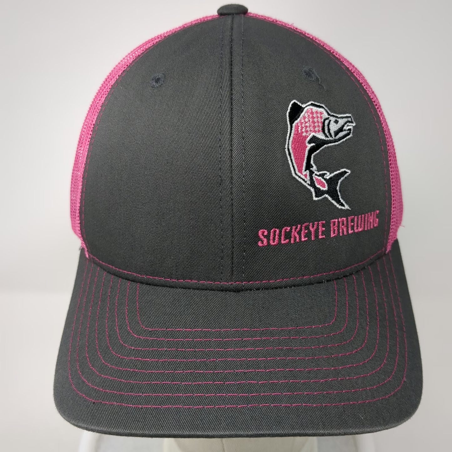 Richardson Trucker Hat Gray Pink One Size Sockeye Brewing Salmon Mesh Snapback
