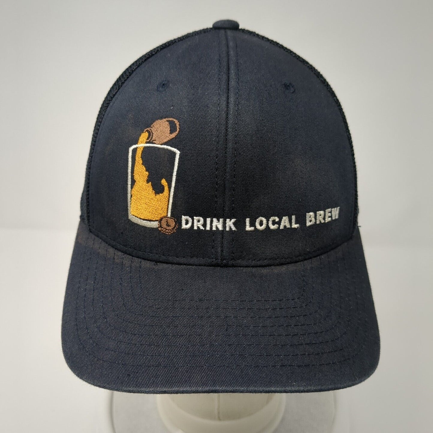Drink Local Brew Fitted Mesh Back Trucker Hat Blue One Size Flexfit