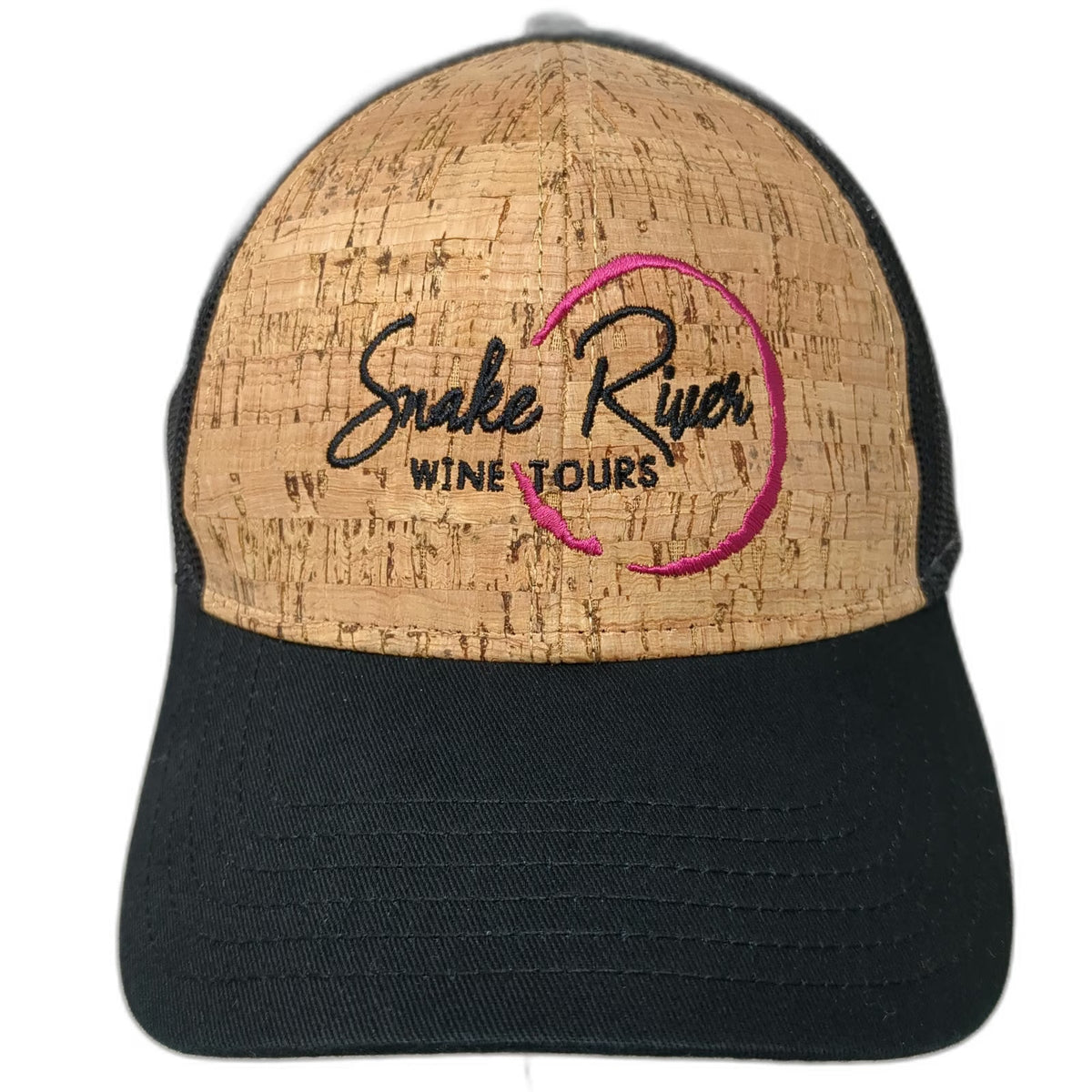 Otto Trucker Hat Black One Size Cork Front Mesh Snake River Wine Tours Logo