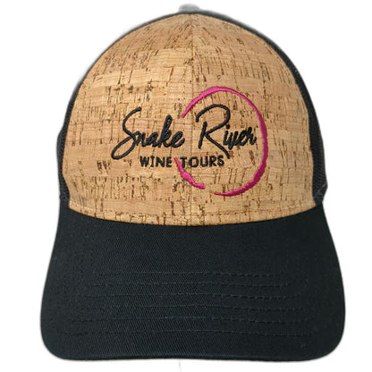 Otto Trucker Hat Black One Size Cork Front Mesh Snake River Wine Tours Logo