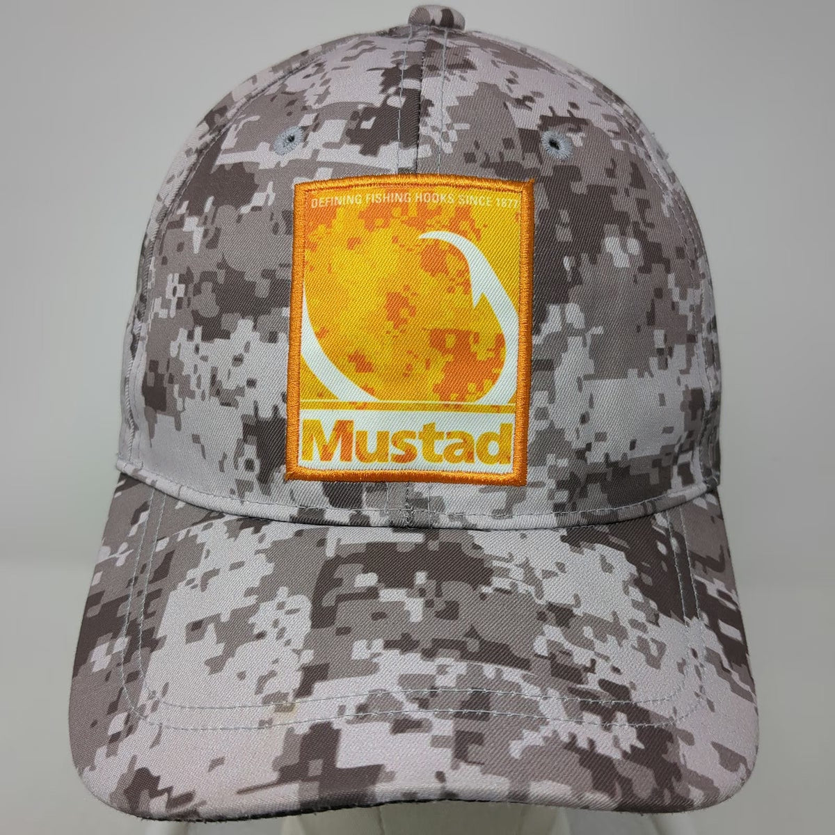 Mustad Baseball Cap Gray One Size Digital Camo Fishing Hook Patch Adjustable Hat