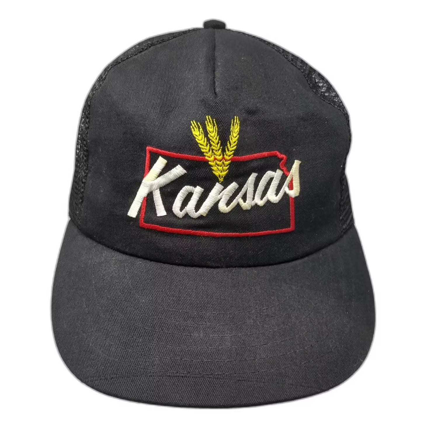 Black Kansas Wheat State Outline Trucker Hat Snapback OS Adjustable USA Vintage