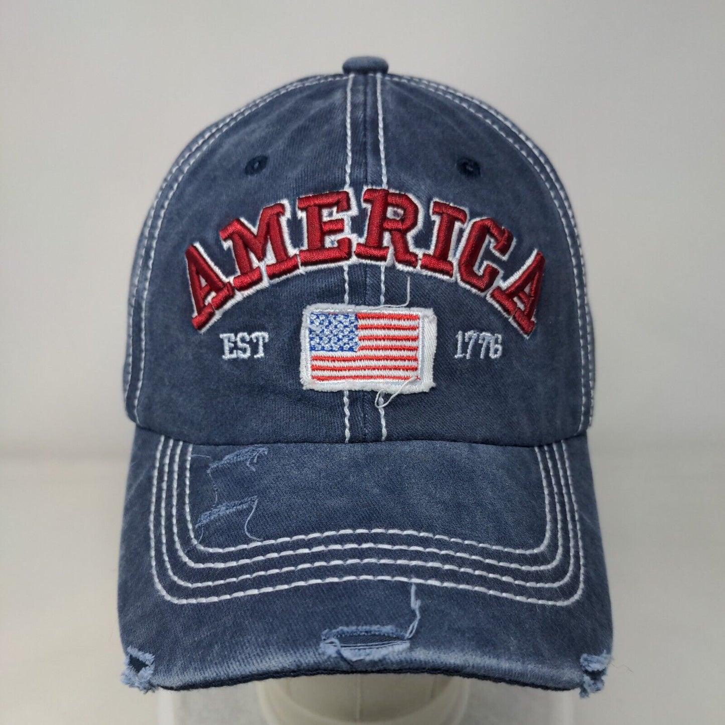 America Est 1776 Slideback Hat Blue One Size Embroidered Distressed