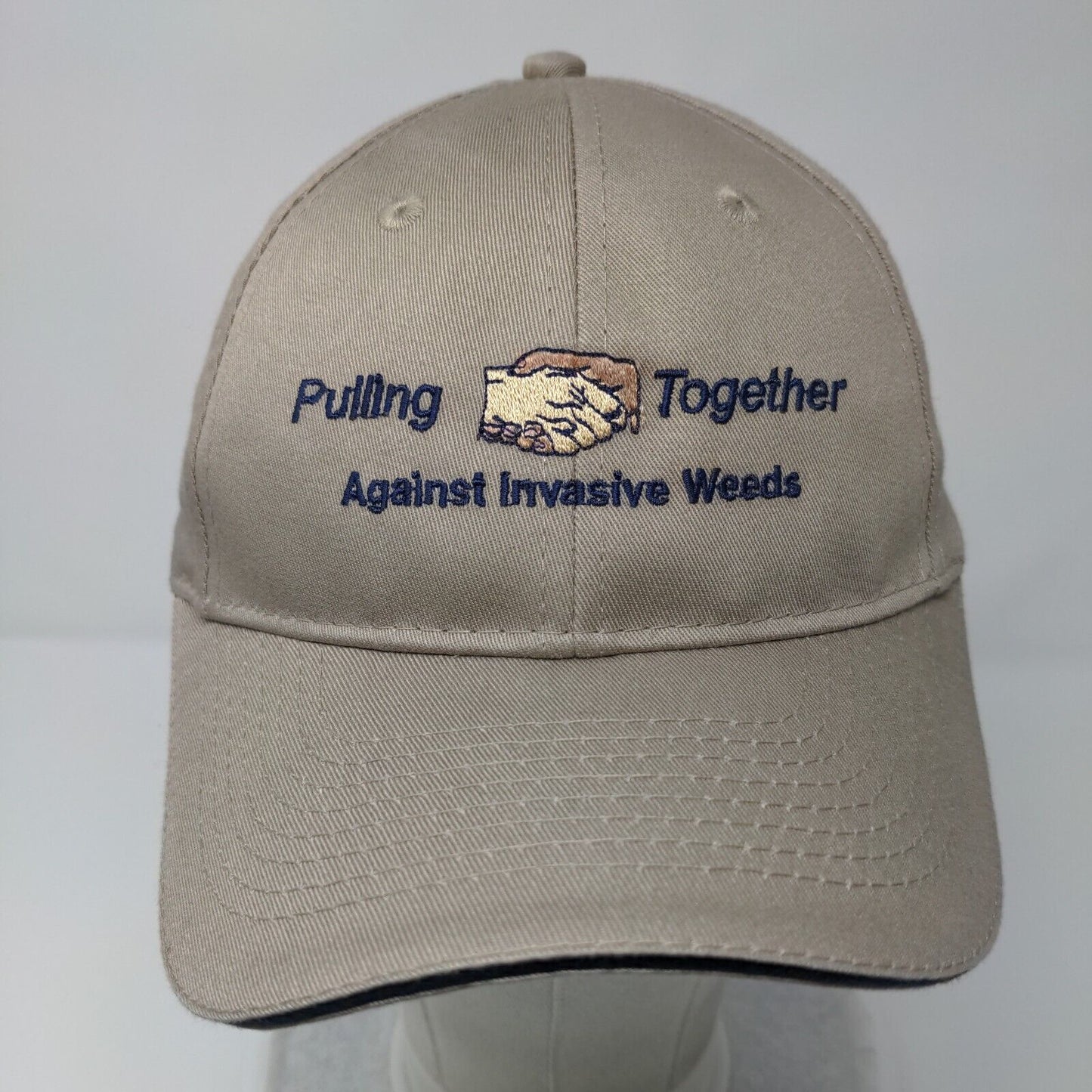 Pulling Together Against Invasive Weeds Strapback Hat Tan OSFA Solid
