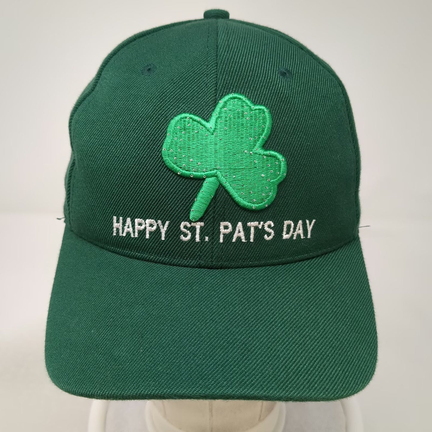 Green Baseball Cap One Size Happy St Pat's Day Shamrock Sequin Holiday White Hat