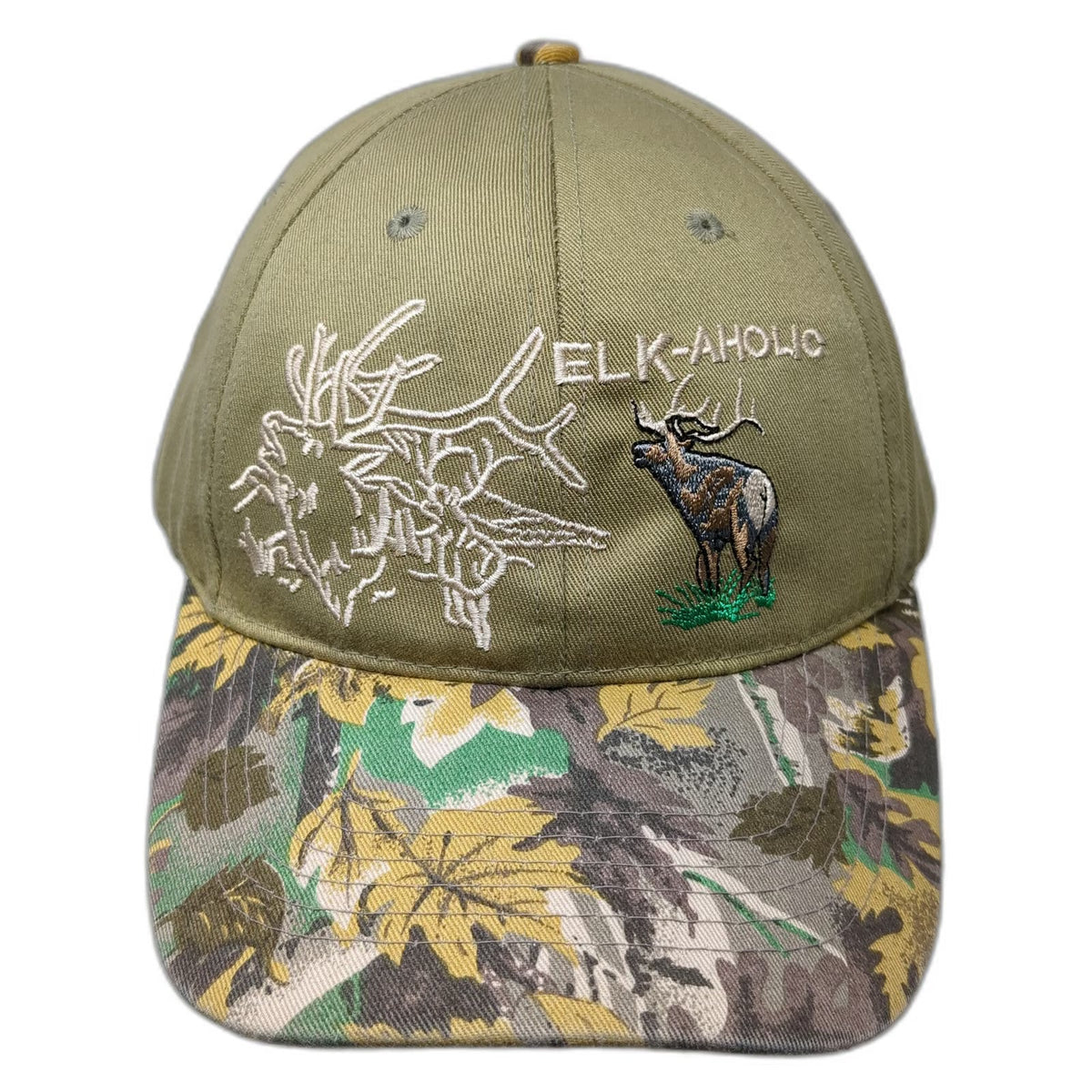 Green Baseball Cap One Size Elk-aholic Hunting Camo Brim Strapback Animal Hat