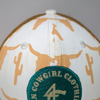 Campin Cowgirl Trucker Hat White Brown One Size Longhorn Cactus Graphic Patch