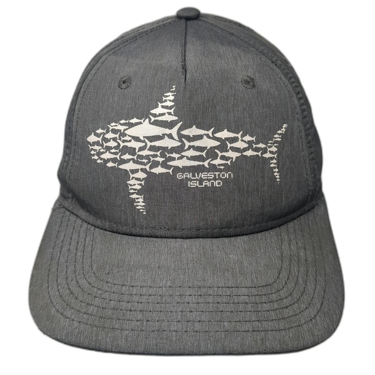 Triangle 5 Panel Gray One Size Hat Galveston Island Shark Fish Graphic Strapback