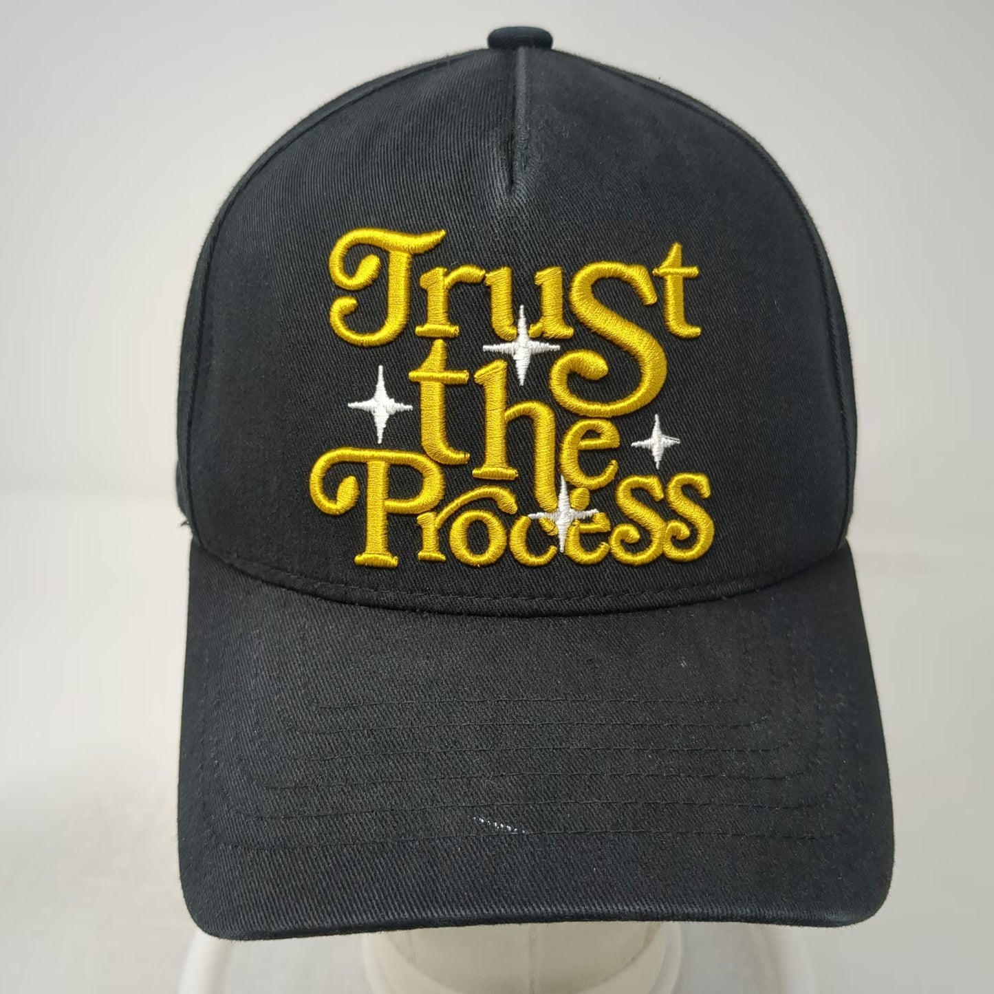 muka 5 Panel Hat Black One Size Snapback Trust the Process Gold Embroidered