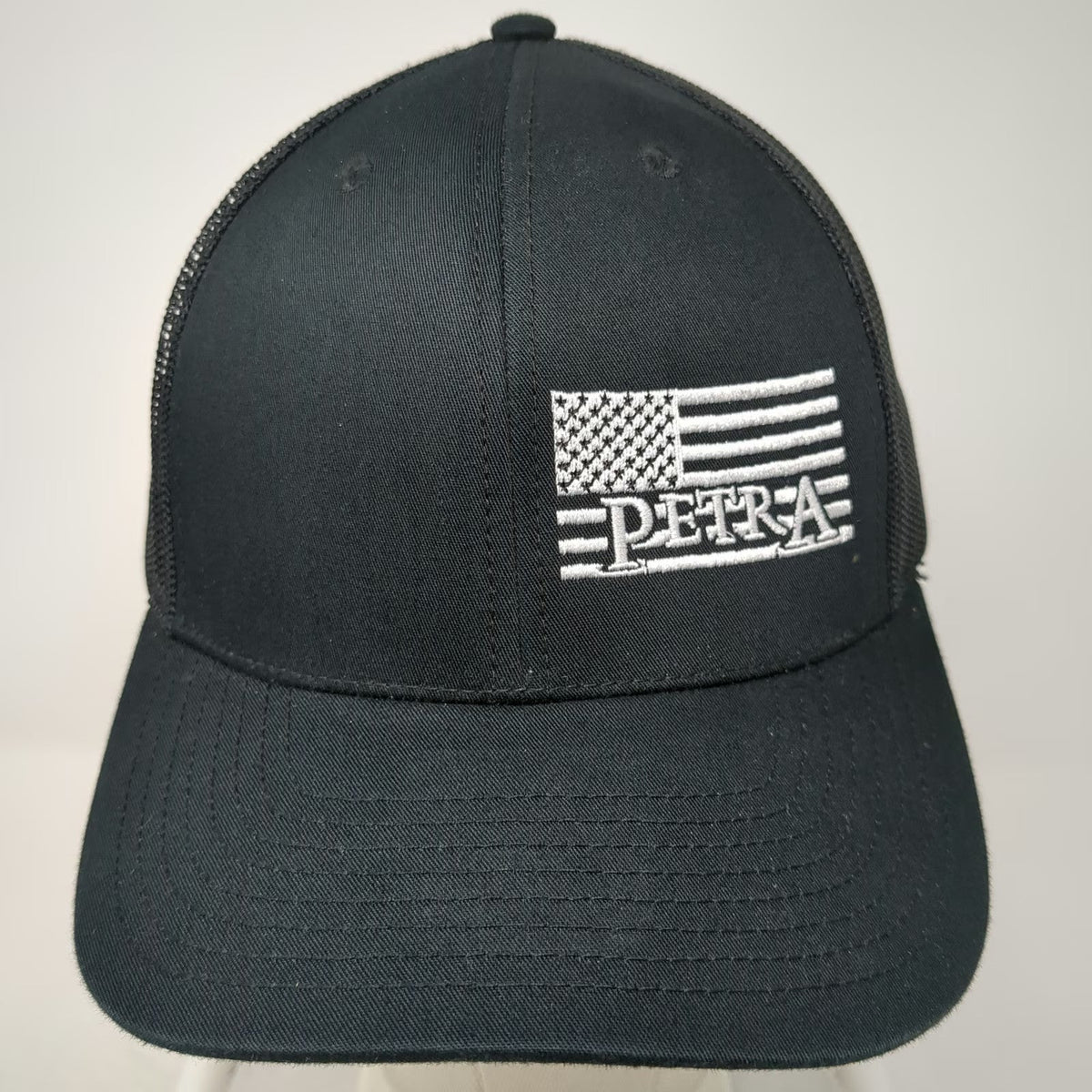 Richardson Trucker Hat Black One Size Petra American Flag Logo Mesh Snapback