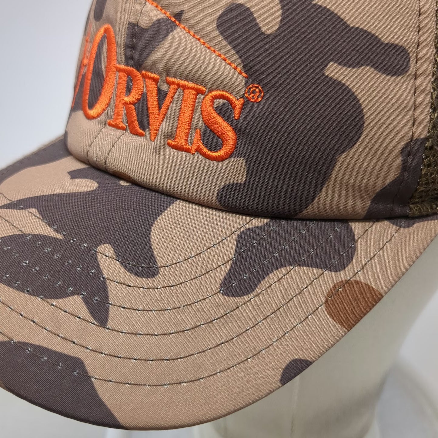 Orvis Trucker Hat Brown Camo One Size Orange Fly Fishing Logo Mesh Snapback