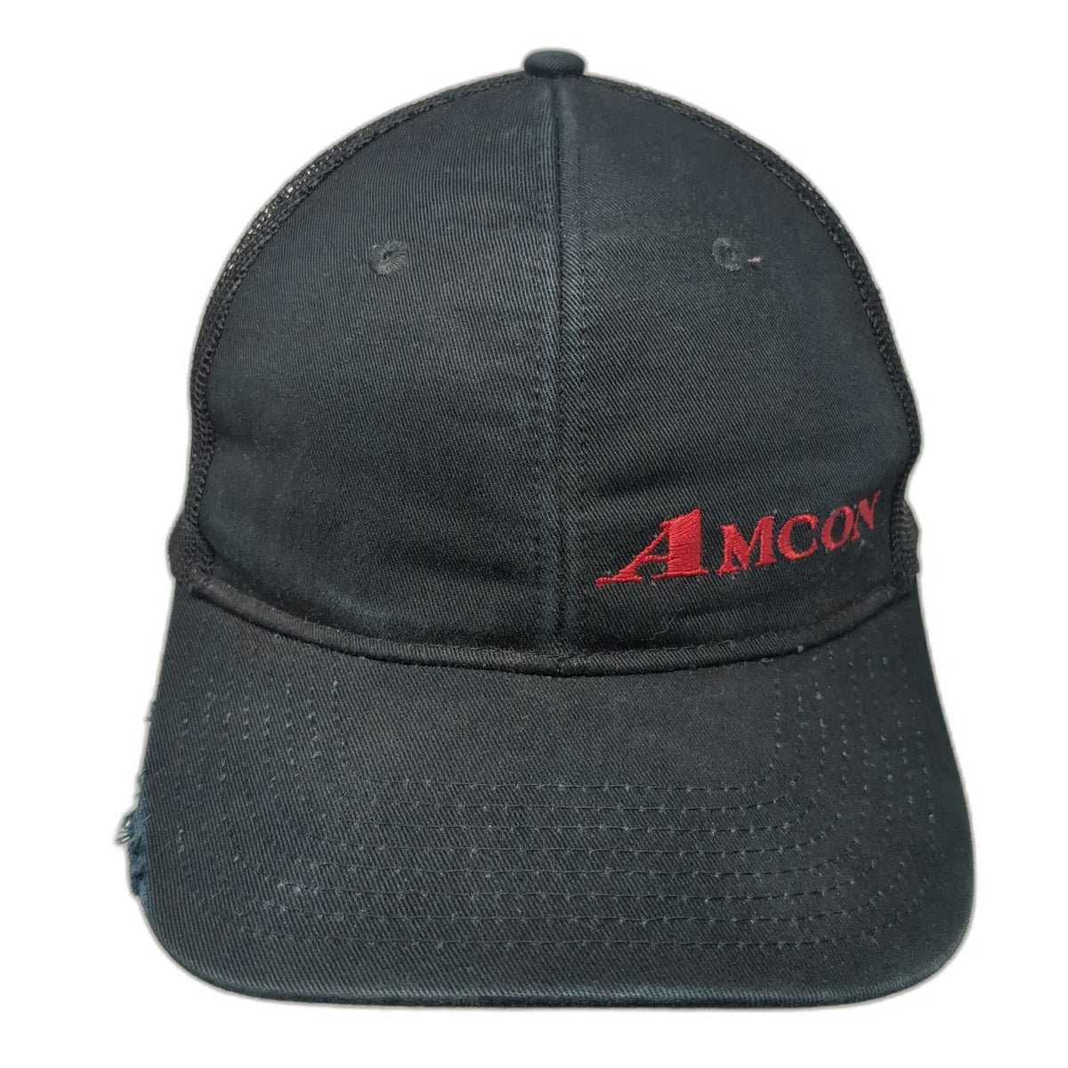 Port Authority Trucker Hat Black OSFM AMCON Red Logo Mesh Snapback Distressed