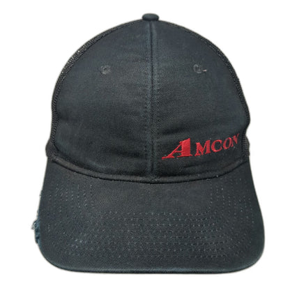 Port Authority Trucker Hat Black OSFM AMCON Red Logo Mesh Snapback Distressed