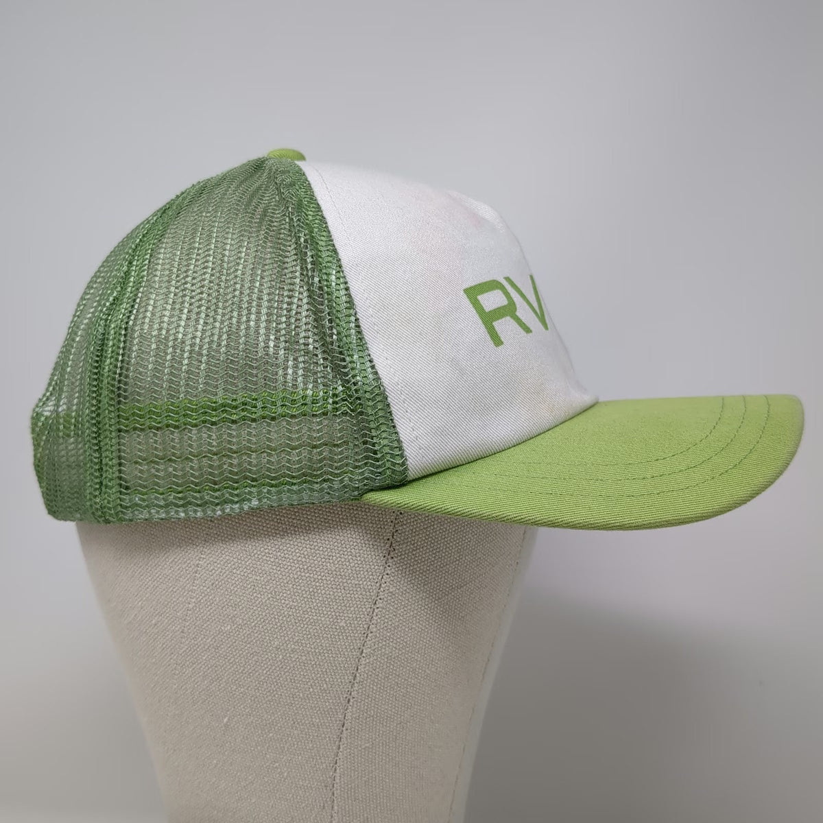 RVCA Trucker Hat Green White One Size Mesh Snapback Printed Logo Cotton Front