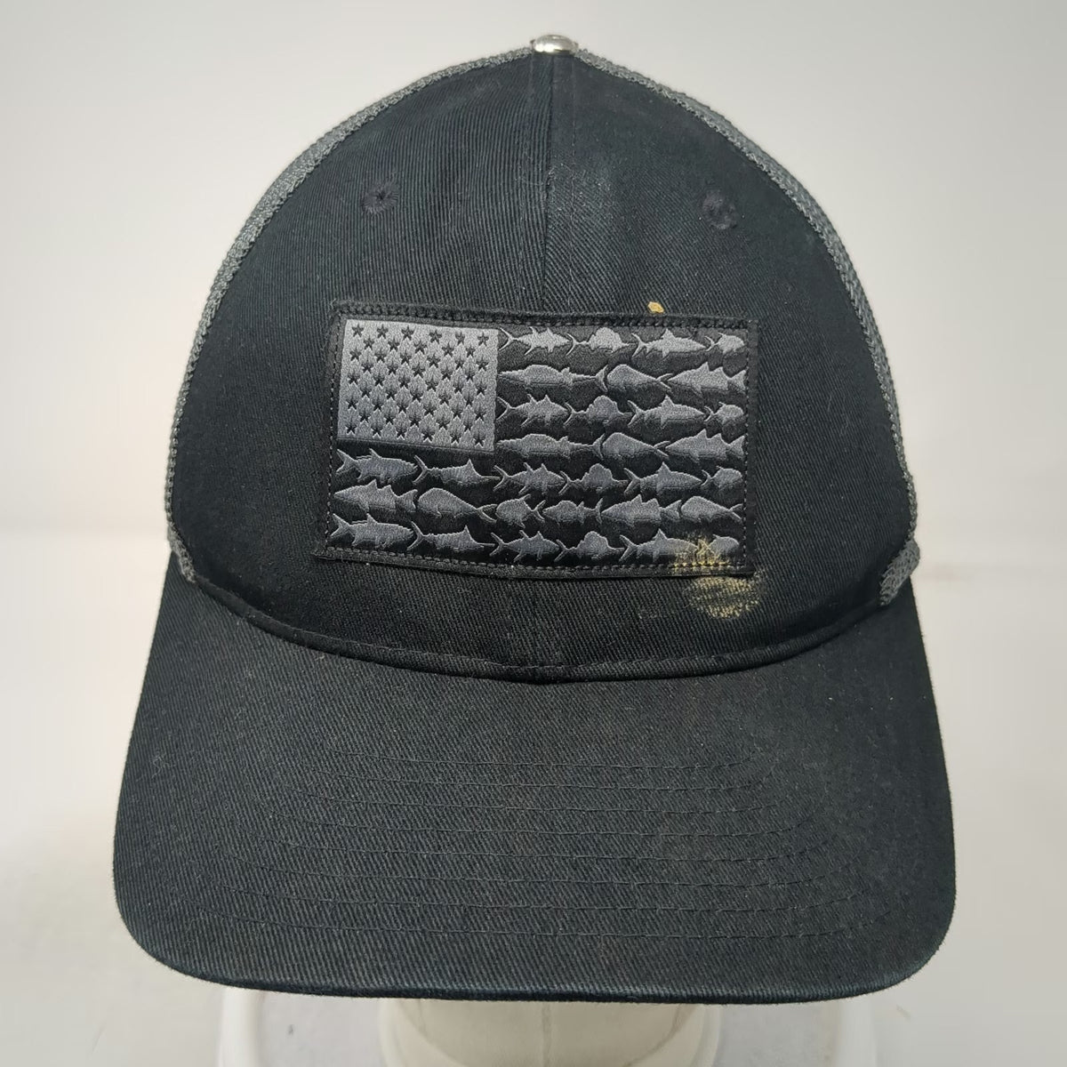 Columbia Baseball Cap Black XL Fishing Fish Flag Mesh Fitted Hat PFG Ruskin