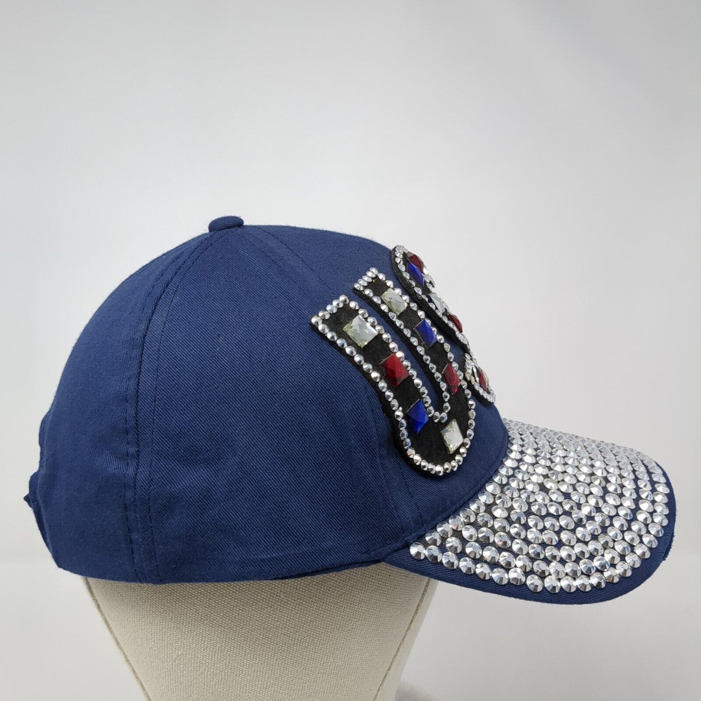 USA Rhinestone Studded Bling Strapback Hat Blue One Size Adjustable