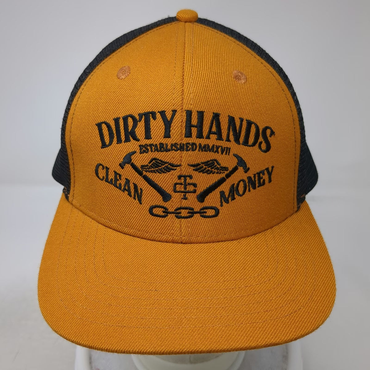 Troll Co Trucker Hat Brown One Size Dirty Hands Clean Money Mesh Back Flat Brim