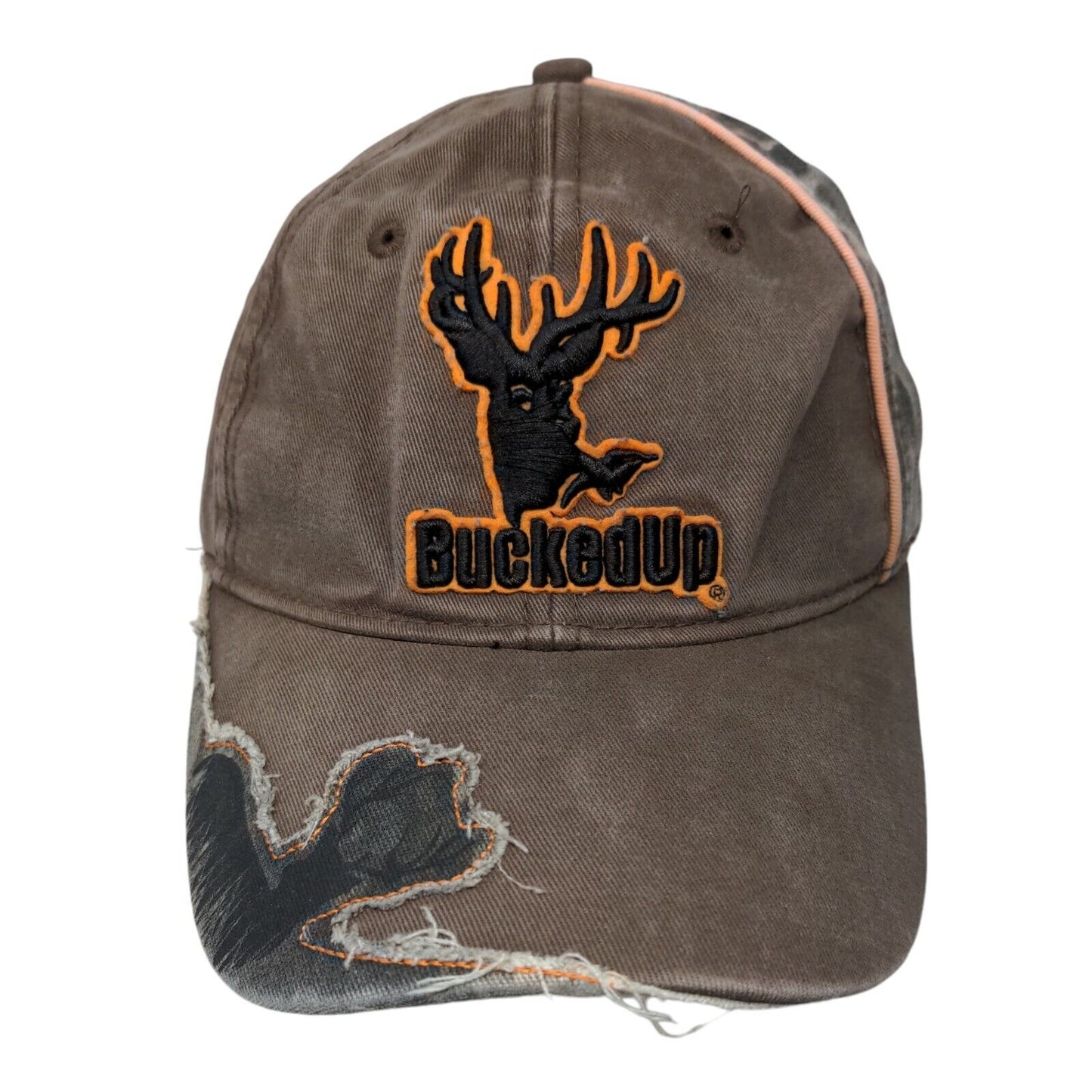 Bucked Up Strapback Hat Brown One Size Adjustable Embroidered Camouflage Cotton