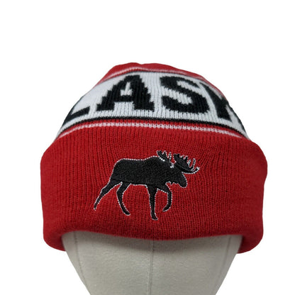 Alaska Polarwear Men's Knit Beanie Hat Cap Red White Embroidered Moose Logo