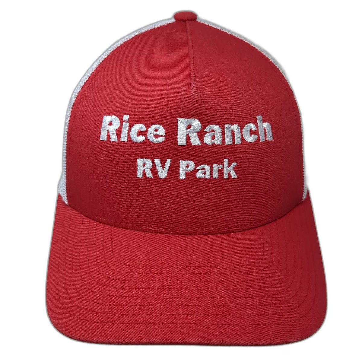 Yupoong Trucker Hat Red White OSFM Rice Ranch RV Park Mesh Snapback Curved Brim