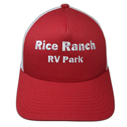 Yupoong Trucker Hat Red White OSFM Rice Ranch RV Park Mesh Snapback Curved Brim
