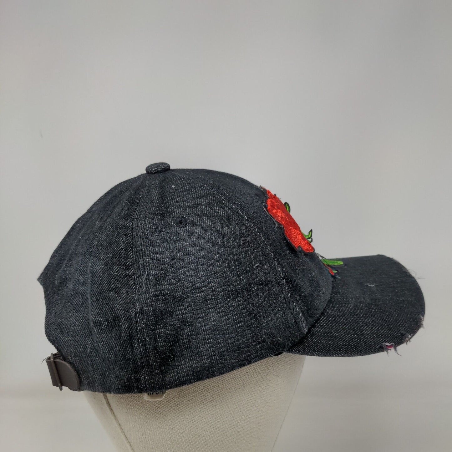 Rose Slideback Hat Black One Size Adjustable Embroidered Distressed 6 Panel