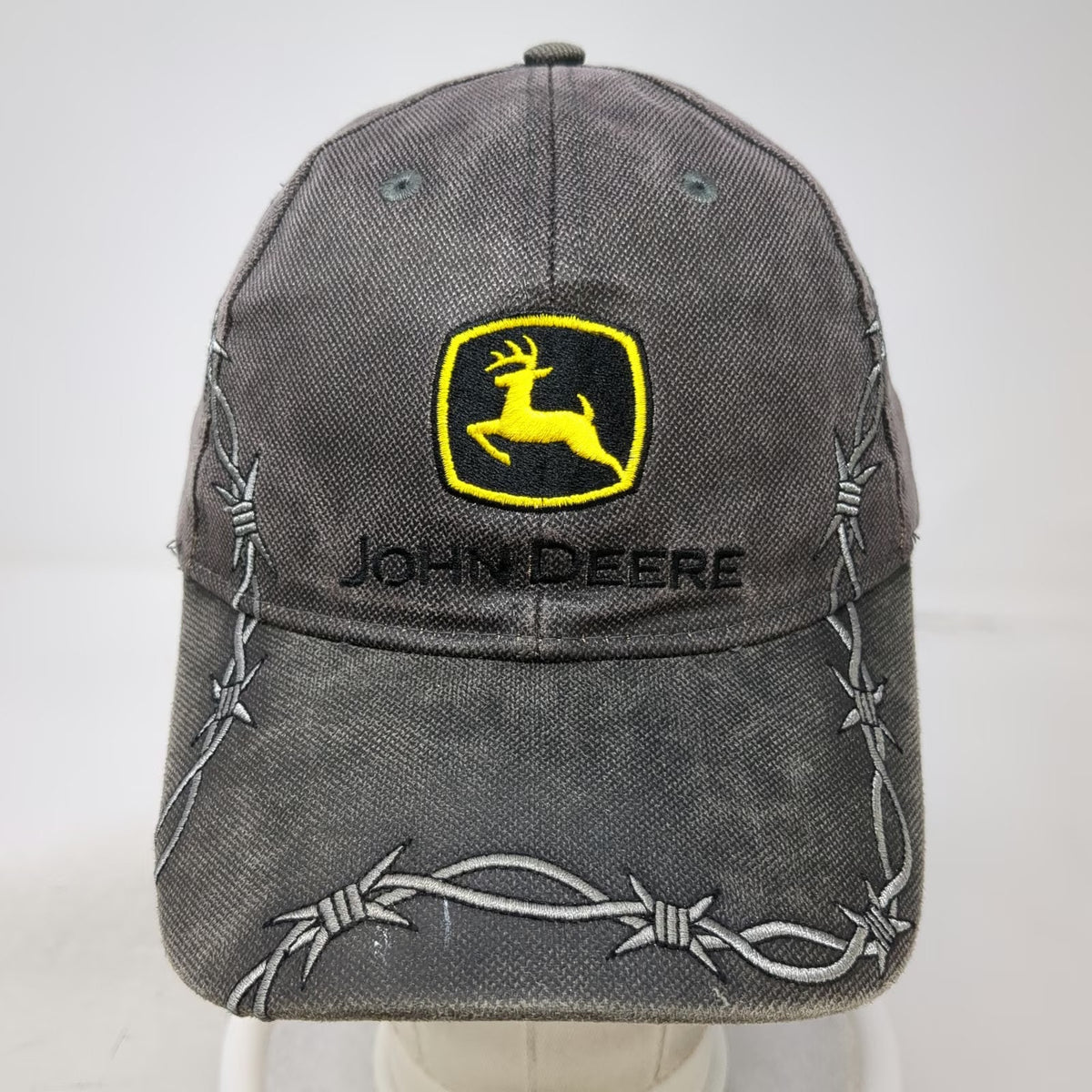 John Deere Gray Baseball Cap One Size Barbed Wire Strapback Hat Graphic Logo