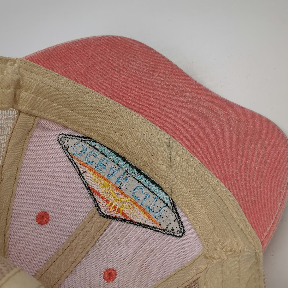 Sunsations Trucker Hat Pink Beige One Size Ocean City Maryland Patch Snapback