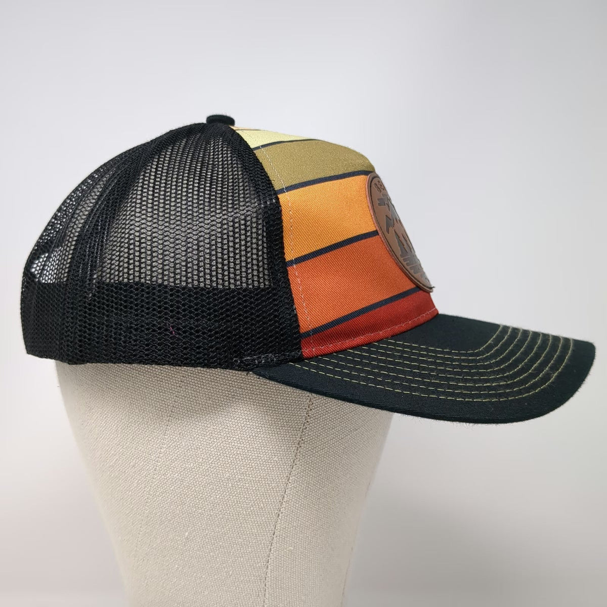 Little Bay Root Trucker Hat Black One Size Mountain Bend Patch Retro Stripes
