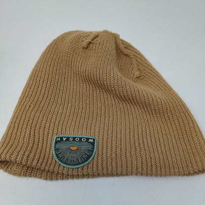 Woo Sah Beanie Hat Tan One Size Knitted Stretch Patch Logo Solid