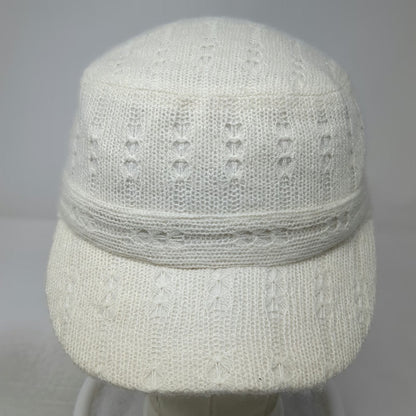 Army Cap White One Size Knit Pointelle Lace Pattern Polyester Elastic Back Hat