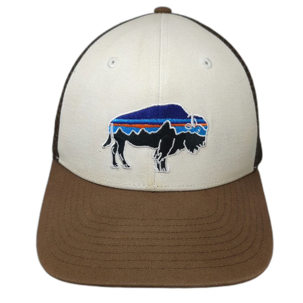 Patagonia Trucker Hat Brown Beige One Size Bison Logo Mesh Snapback Hiking Cap