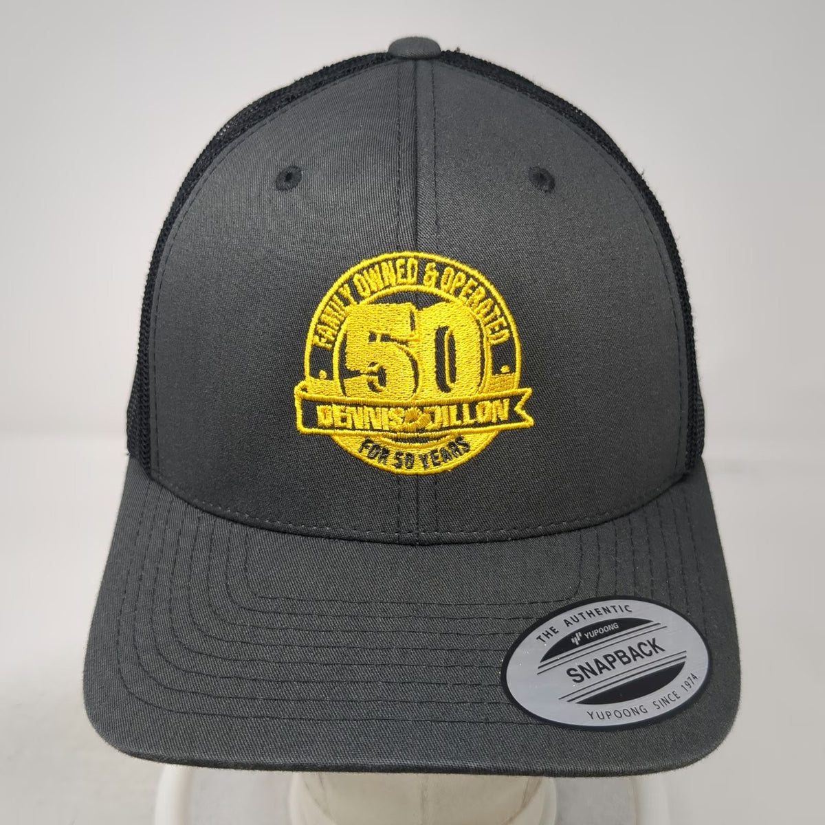 Yupoong Trucker Hat Gray Black Yellow One Size Dennis Dillon 50 Years Snapback