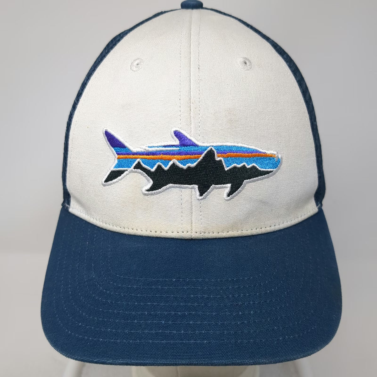 Patagonia Trucker Hat Blue One Size Mesh Back Snapback Fish Mountain Logo Hiking
