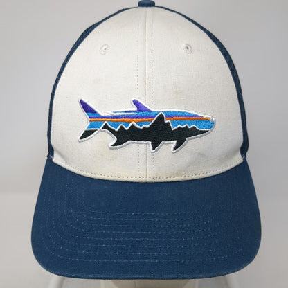 Patagonia Trucker Hat Blue One Size Mesh Back Snapback Fish Mountain Logo Hiking