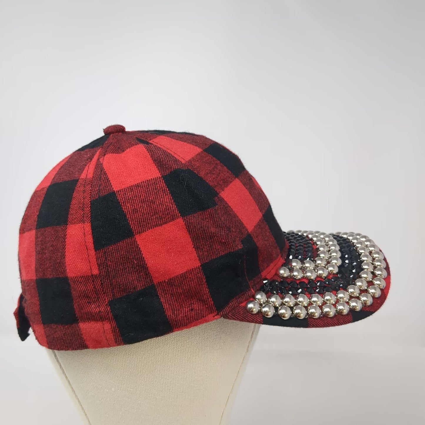 Ashley Stewart Baseball Cap Red Black Plaid One Size Studded Rhinestones Hat
