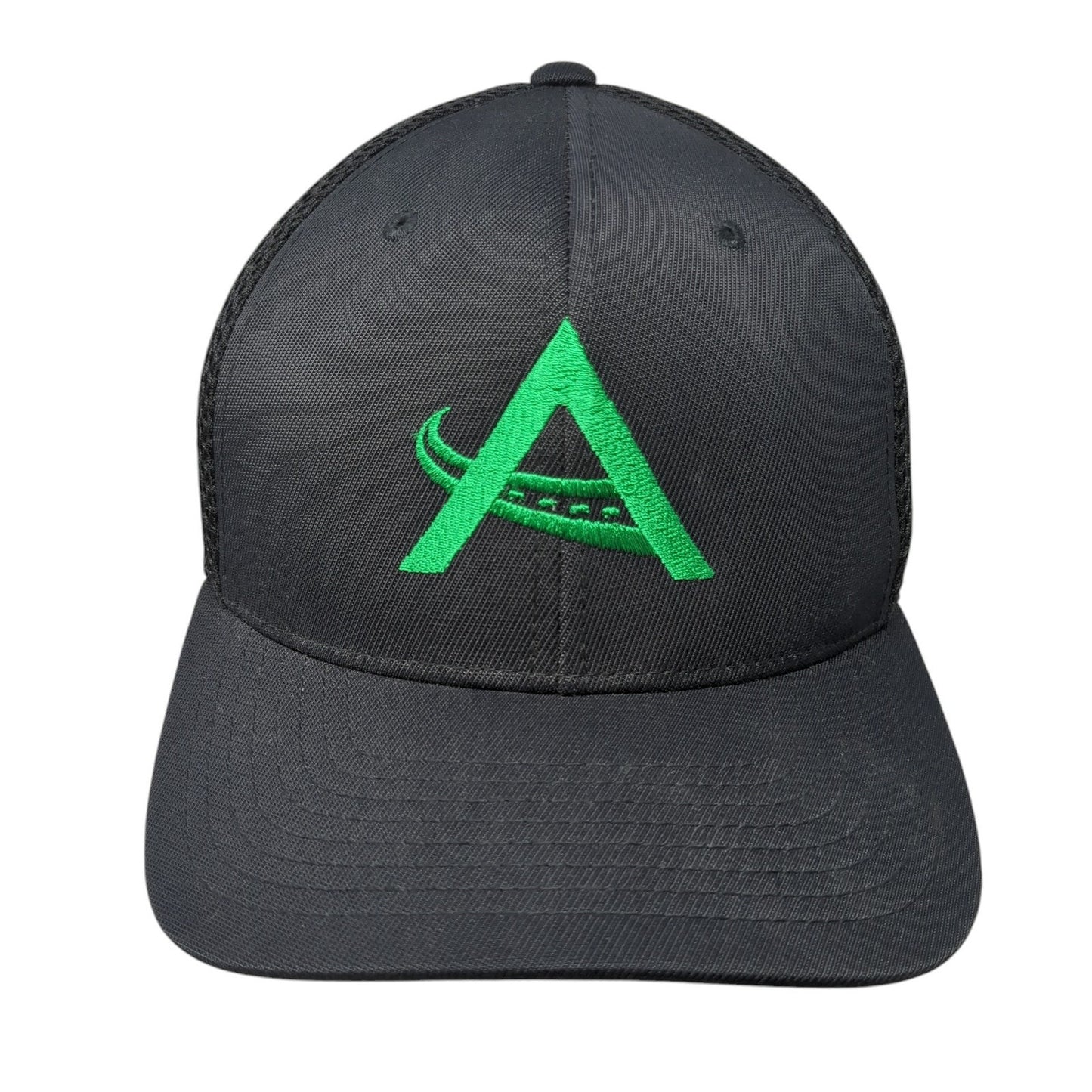 Flexfit Fitted Mesh Back Trucker Hat Size S-M Black Embroidered A Road Logo